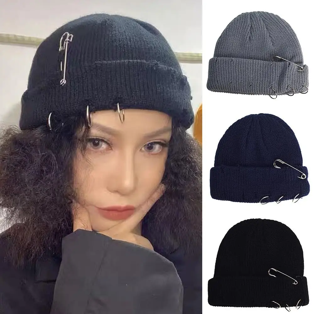 

Solid Color Knitted Hat Outdoor Cold-proof Hat Crochet Melon Shape Cap Ripped Holes Edging Beanies Useful Decor Soft Cool Cap