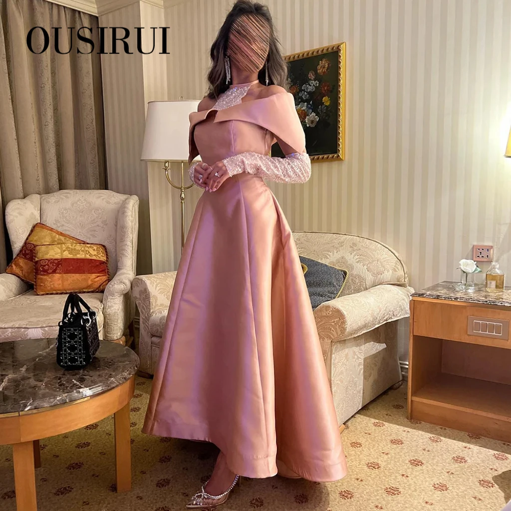 OUSIRUI Khaki Satin High Low Dubai Evening Dress for Wedding Party Halter Arabic Women Midi Formal Guest Gowns vestidos de gala