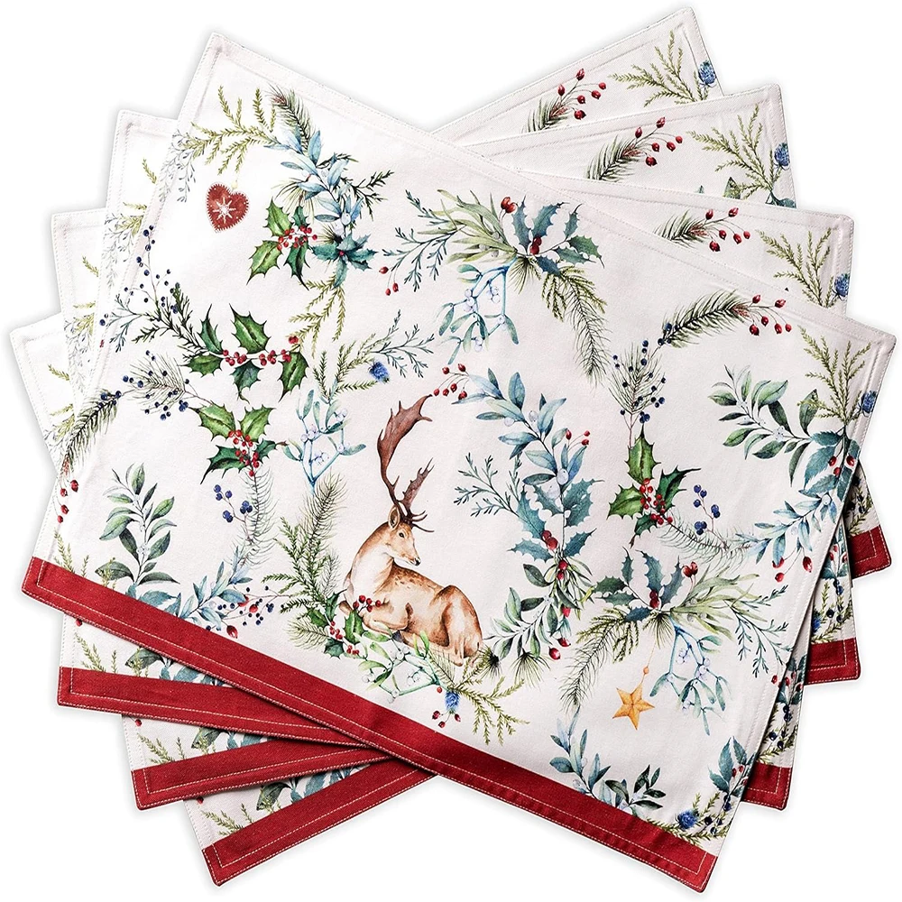 Napperon imprimé de renne de noël avec garniture rouge: décor de Table festif, napperon en lin, décoration de fête du nouvel an à la maison, 4 pièces