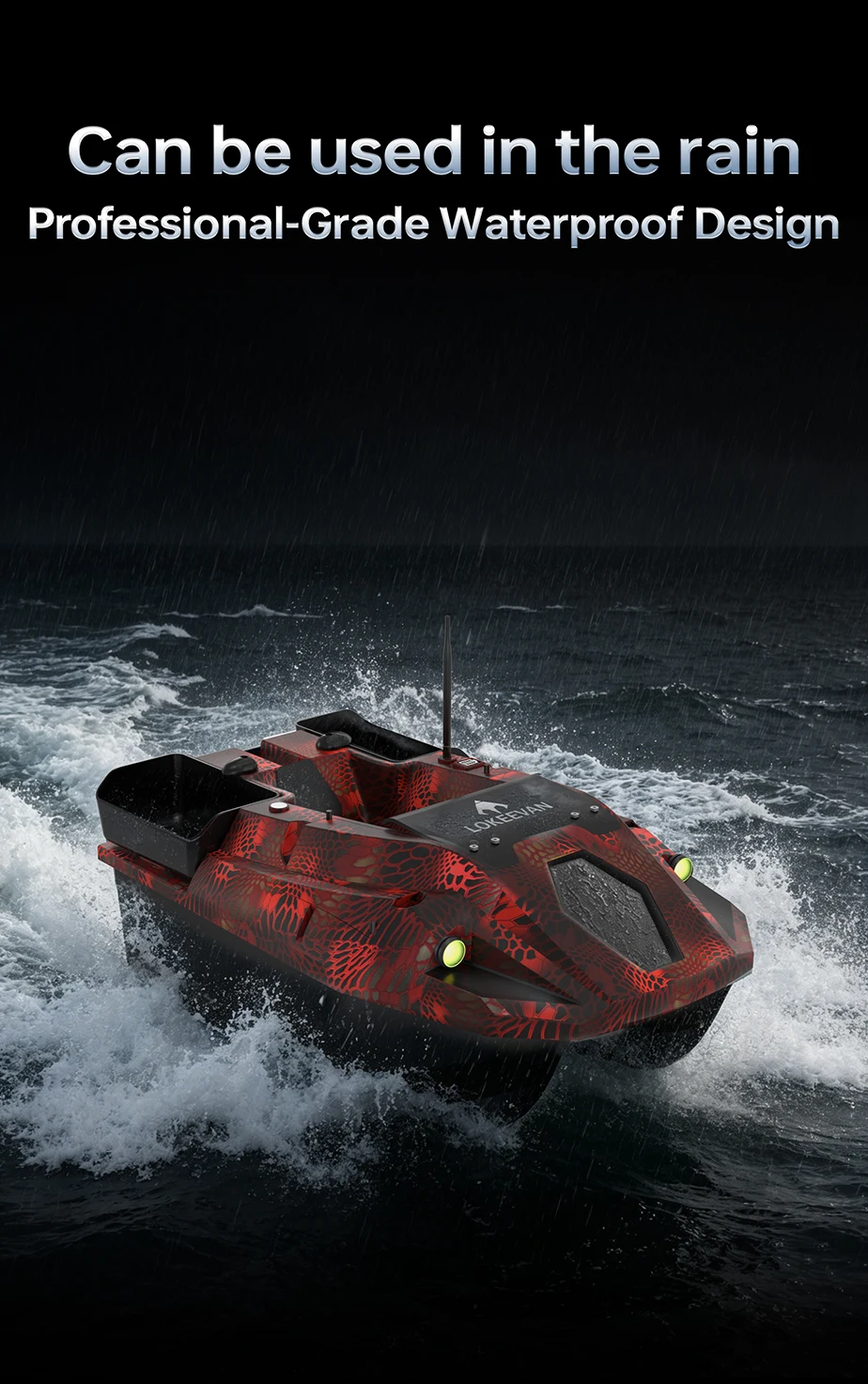 LOKEEVAN GPS-Köderboot mit 100 GPS-Standorten, Fischfinder für Tiefe und Wassertemperatur, automatische Rückkehr mit großem Köderbehälter, 2,5 kg Ladekapazität, 15600x2 mAh Köderboot mit 600 m Reichweite. – Detail 10