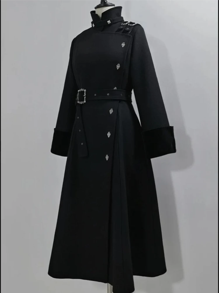 Aesthetic Gothic Style Elegant Long Woolen Coat Women Waist Tie Slimming Warm Overcoat 2025 Autumn Winter Elegant Fashion Outfit view 6