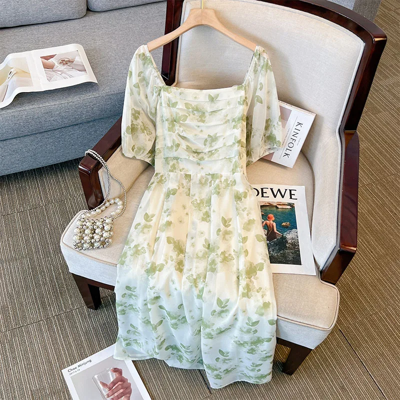 

150Kg Plus Size Women's Bust 148 Summer Loose French Gentle Style Flower Dress Green 3XL 4XL 5XL 6XL 7XL 8XL 9XL