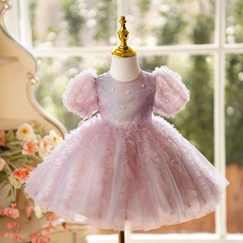 

Diamond Wedding Little Girl Dress Host Flower Princess Tutu Piano Lace Performance Dress Children Short Sleeve Sweet Dress