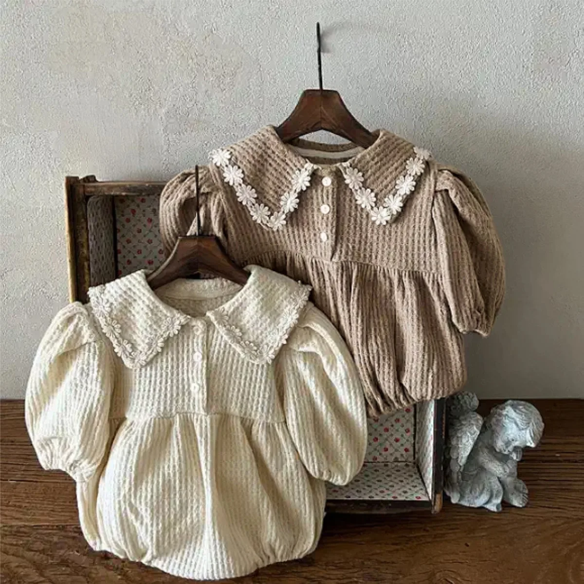 

2025 Spring New Baby Long Sleeve Bodysuit Infant Girl Lace Flower Lapel Waffle Jumpsuit Newborn Toddler Clothes 0-24M