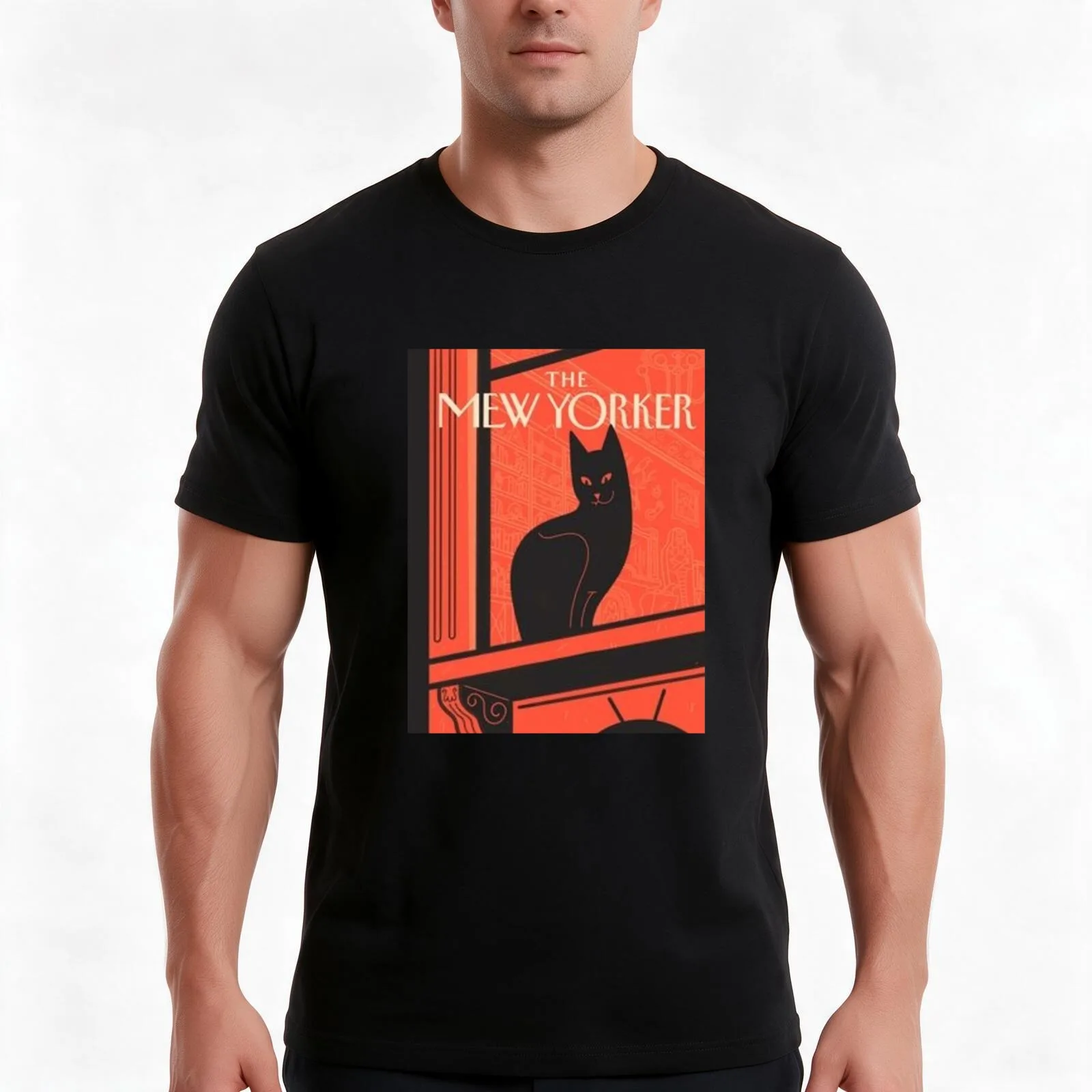 THE MEW YORKER CAT T-Shirt, Summer Casual Cotton Tee, Oversized Streetwear Tops, Vintage Graphic Print, Loose Fit Short Sleeve