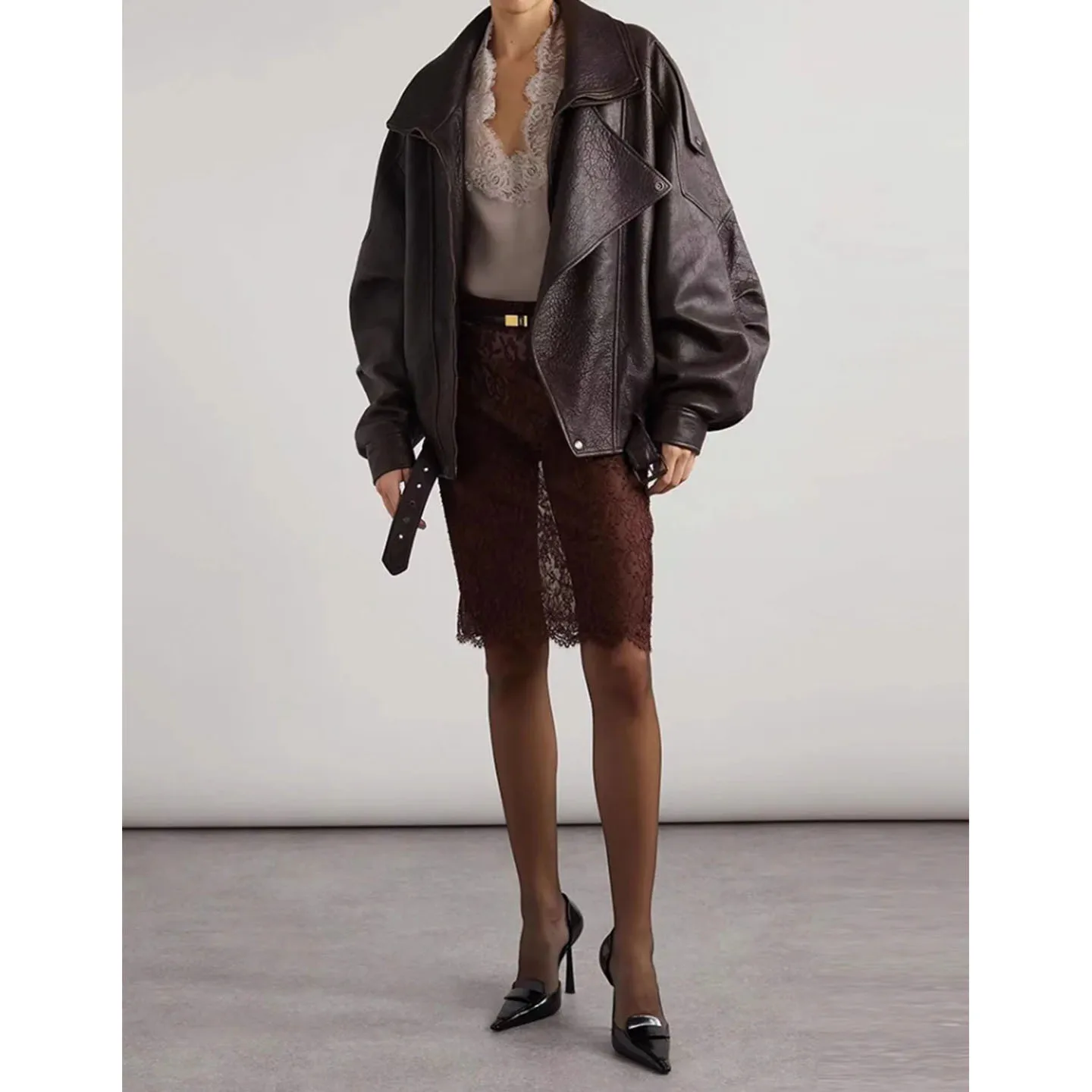 Automne femmes américain rétro bulle motif PU cuir col Long Sve fermeture éclair Sle ort Jaet manteau Faion vêtements d'extérieur