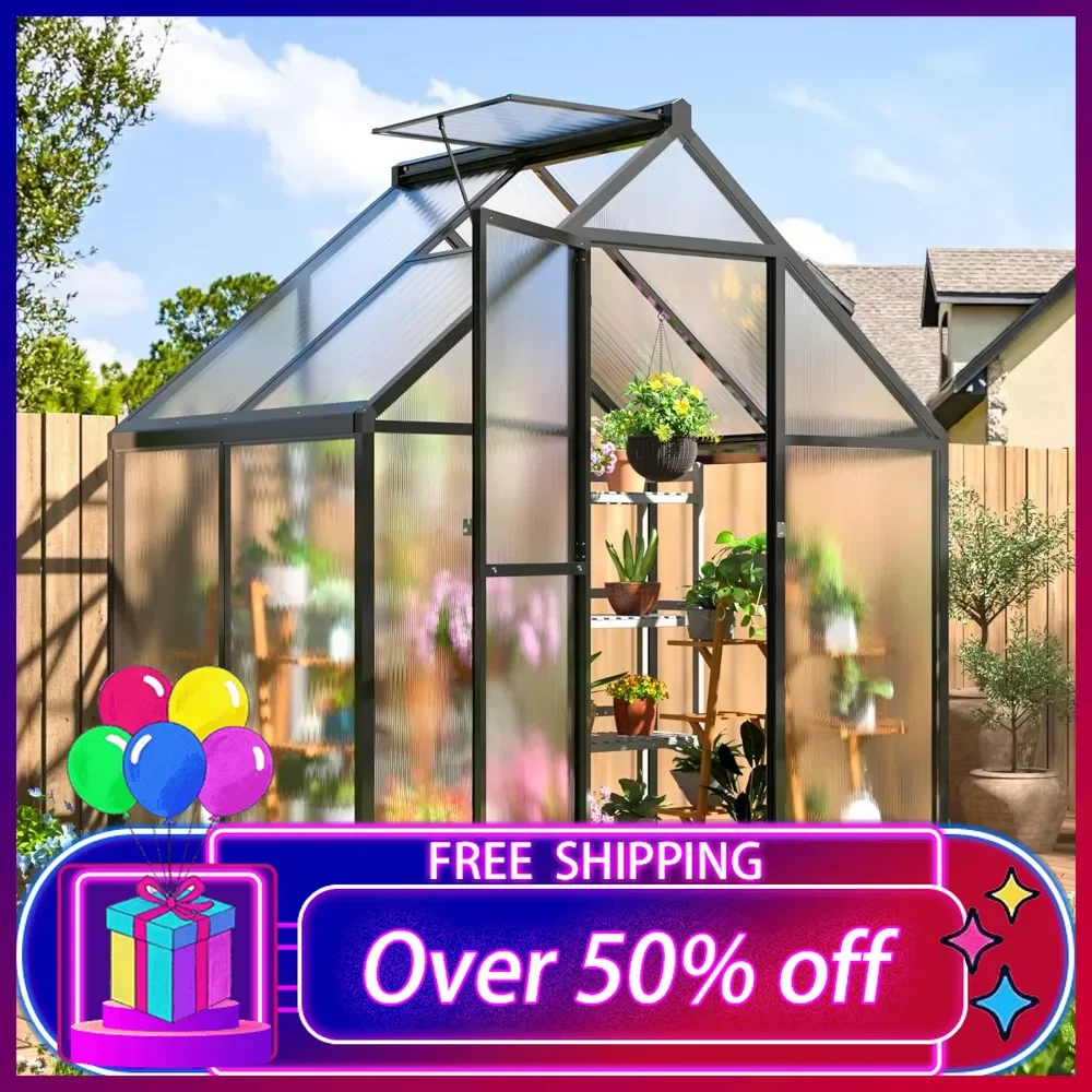 

4x6 FT Polycarbonate Greenhouse with Quick Setup Structure and Roof Vent,Walk-in Greenhouse for Outside Garden Backyard