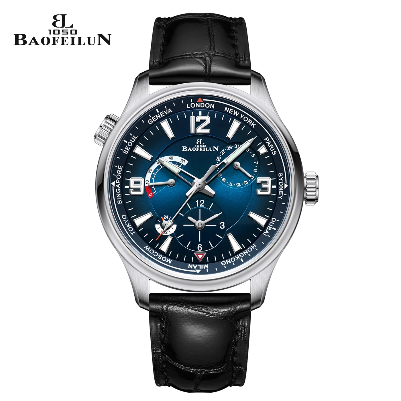 

BAOFEILUN Men's Automatic Watch GMT Power Reserve 43mm Date Luminous Waterproof Mineral Crystal Blue Classic Business Watches