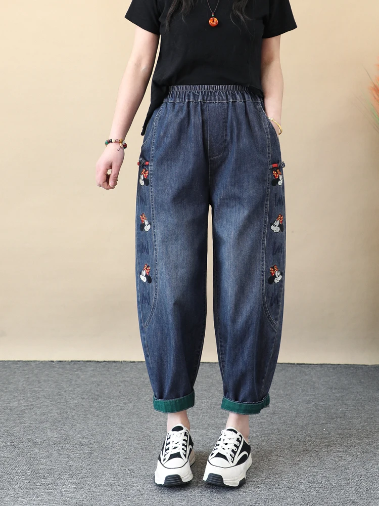 Splicing Cartoon Embroidered Jeans Women's Spring Loose Curled Ankle Length Harlan Pants Thin Versatile Summer Pants 2025 New