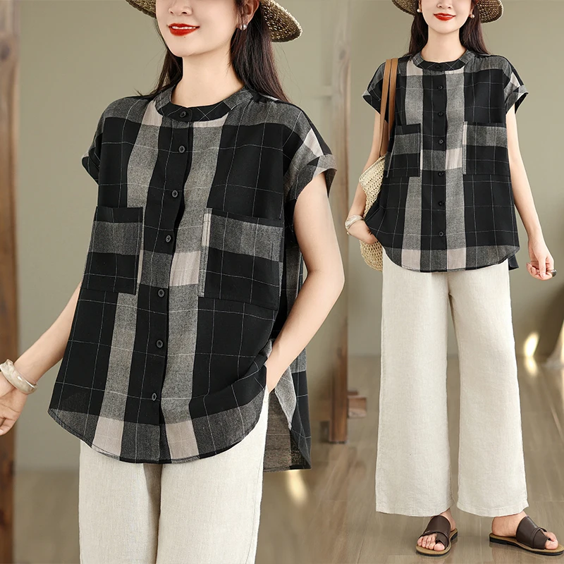 

Loose Cotton Linen Plaid Button irt Women Summer ort Sve round Ne Vintage Simple Match Large Size Casual Top