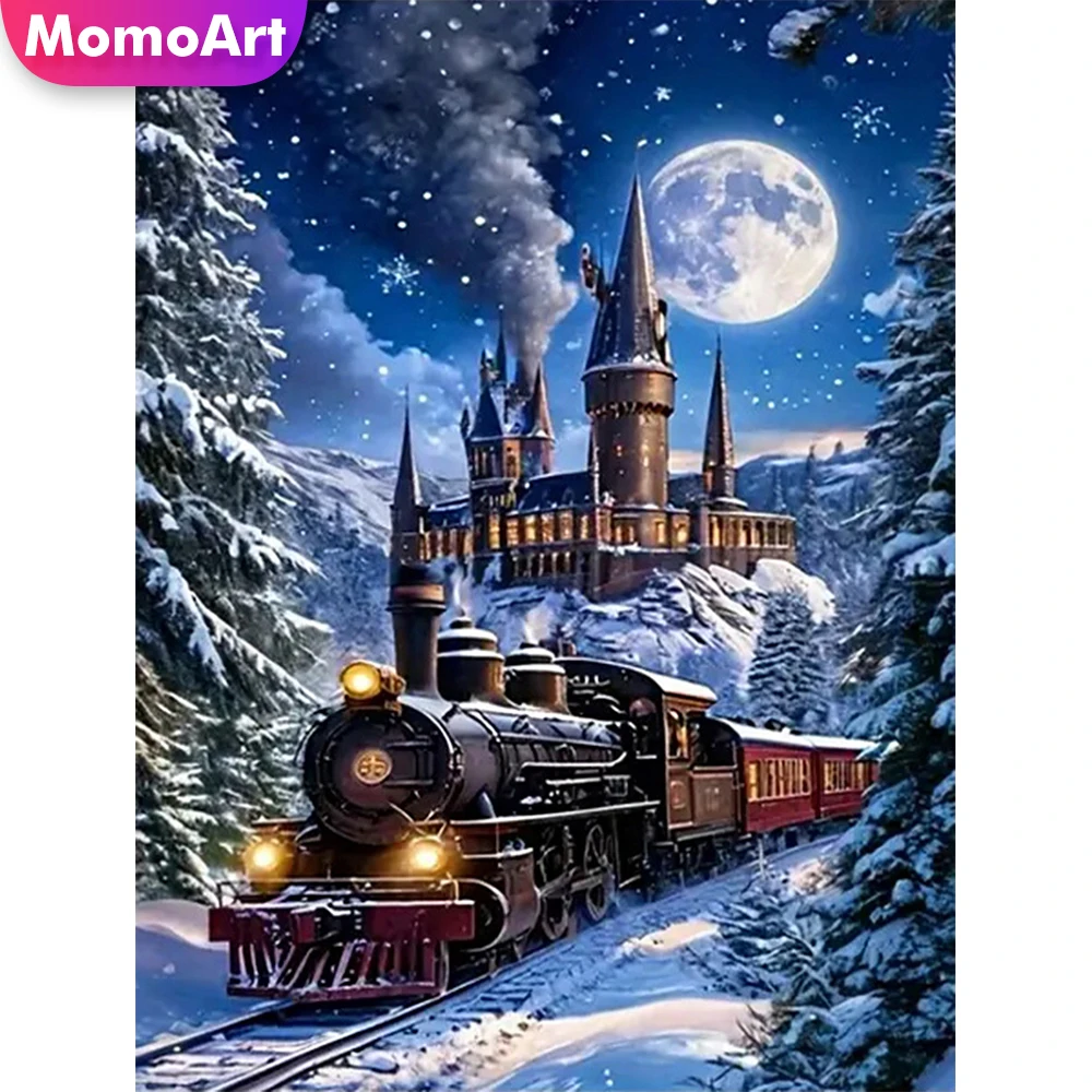 Momoart Diamond Painting Train Full Square Round Diamond Mosaic Castle House Landscape DIY Winter Embroidery Moon Handmade Gift