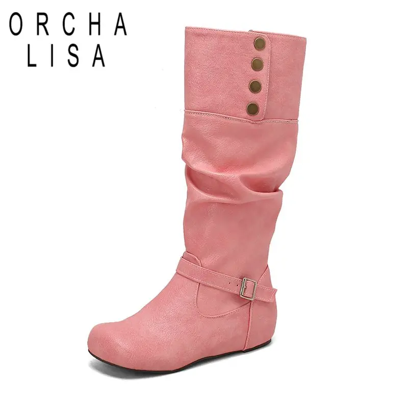 

ORCHA LISA2025 Женские ботинки до середины икры с круглым носком 3,5 см на танкетке без шнуровки с пряжкой и заклепками, большие размеры 48 49 50 Повседневные