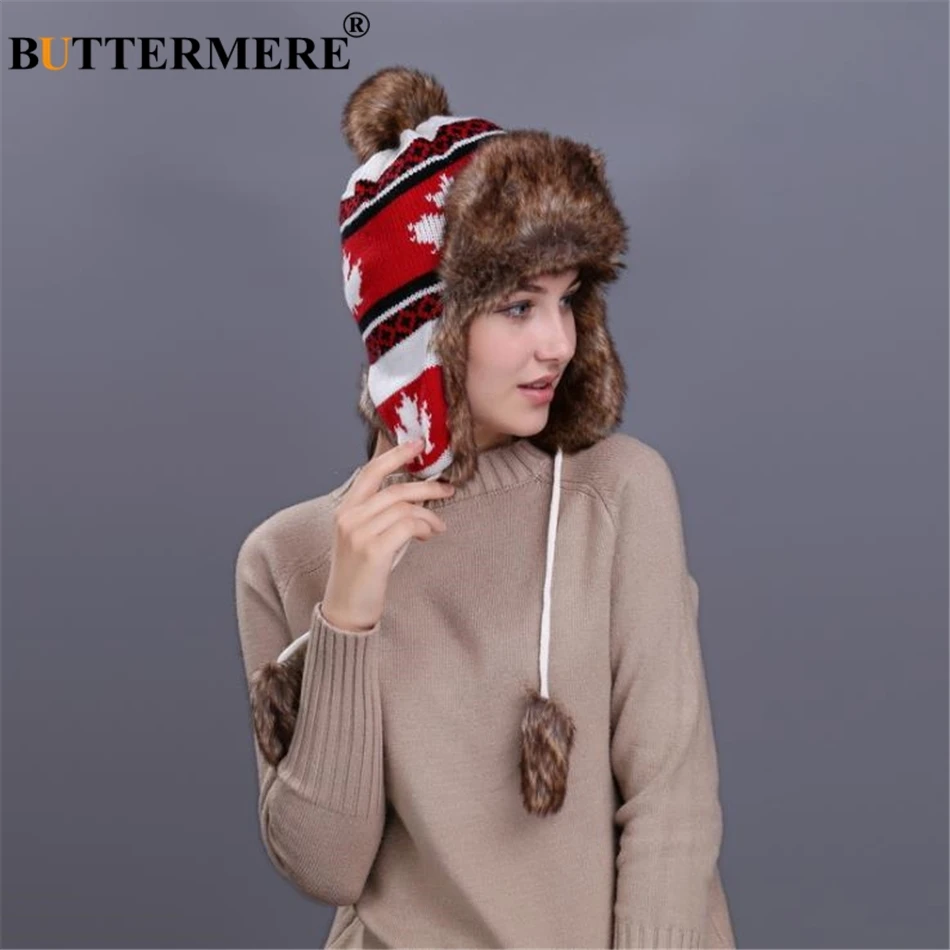 BUTTERMERE Red Russian Ushanka Hat Female Winter Warm Earflaps Fur Bomber Hats Caps Women Maple Leaf Christmas Beanies Pompom