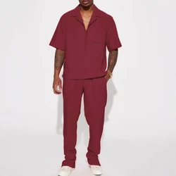 Trajes de 2 piezas de Color sólido para hombre, ropa de calle, camisa y pantalones holgados de manga corta con solapa, conjuntos informales de primavera para hombre