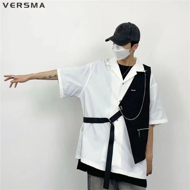 VERSMA Korean Trendy One-shoulder Vintage Vest Waistcoat For Men Hip Hop Streetwear Chic Biker Vest Sleeveless Motorcycle Jacket