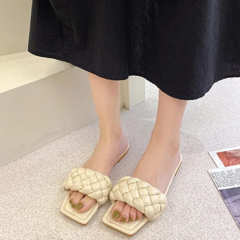 Fashion Square Toe Flat Women Slippers breathable Casual Summer Shoes Woman Slip on Ladies Slides Big Size 41 Beach  Flip Flops