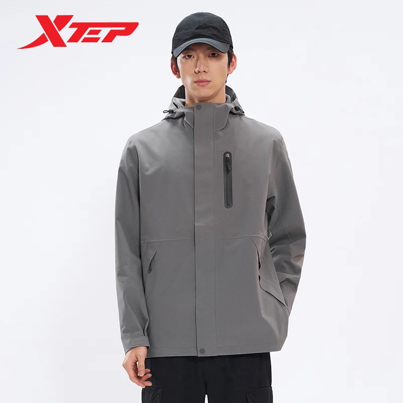 Xtep Jacket For Men 2024 Spring Water Proof Men\'s Coat Stand Collar Sports Impact-Resistant Hooded Outdoor Tops 8761292C0141