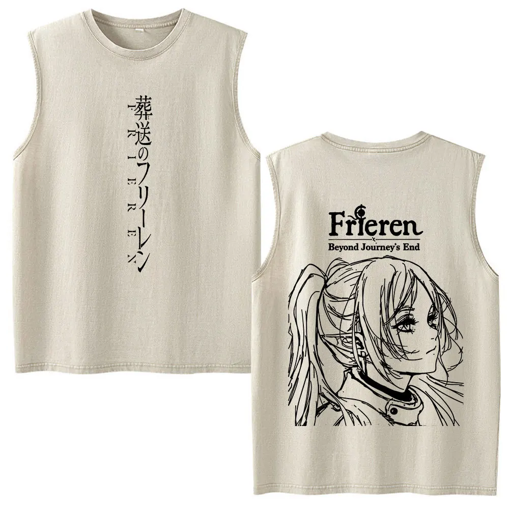 Anime Frieren Beyond Journey's End Vintage Washed Vest T-shirt Men's Clothing Casual Cotton Sleeveless Tank Tops Oversized Tees