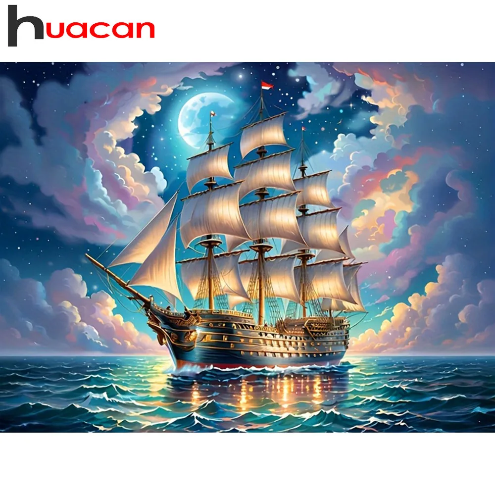 

Huacan полная квадратная круглая алмазная живопись Луна приморский парусник Алмазная мозаика пейзаж искусство декоративные картины