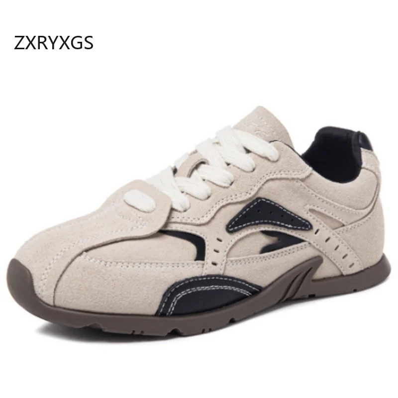 ZXRYXGS Frosted Cowhide Splicing Spell Color Women Sneakers Casual Shoes 2026 New Lace-up Real Leather Shoes Flat Soft Sole Tide
