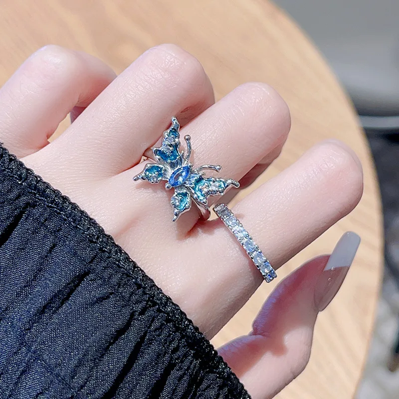 Shinning Blue Zircon Enamel Drip Oil Butterfly Open Ring For Women Creative Geometric Crystal Index Finger Rings Wedding Jewelry