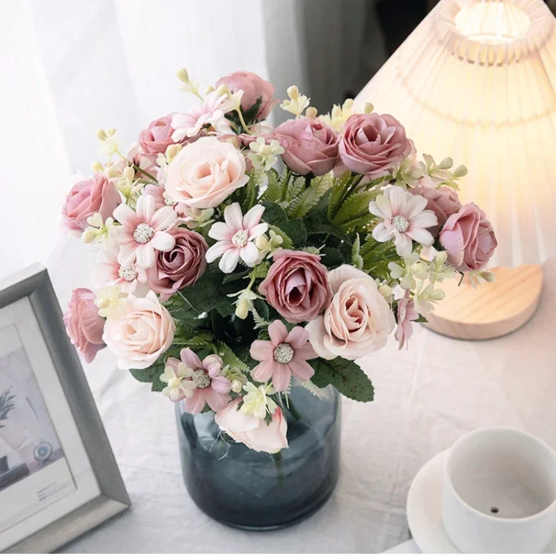 

Rose Artificial Flowers Bouquet Silk Roses Wedding Home Table Decoration Arrange Fake Plants Valentine's Day Present Supplies