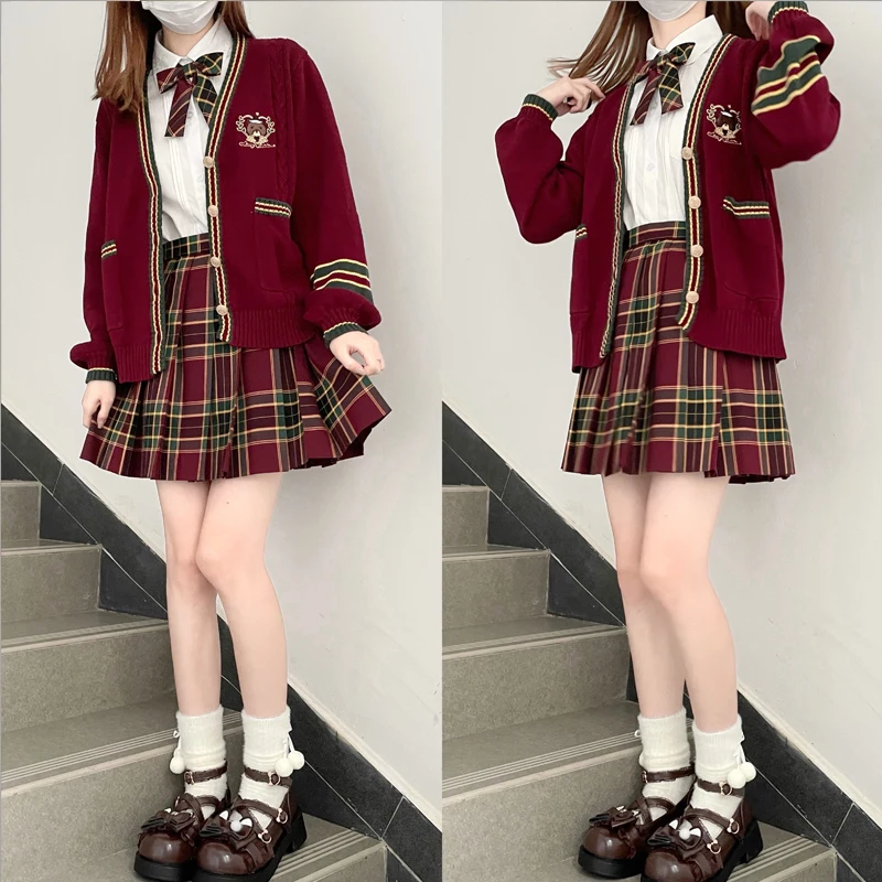 Japanese School Uniform Winter Girl Preppy Style Cardigan Knit Red Sweater Jacket for JK Uniform Korean College Student Clothes