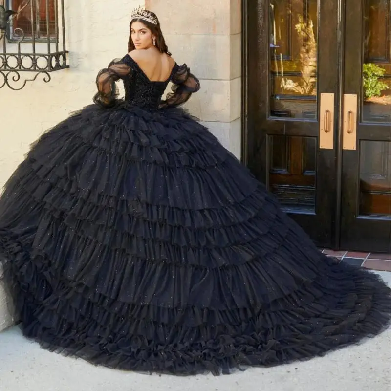 Personalizado preto princesa quinceanera vestido de baile em camadas apliques miçangas brilhante espartilho doce 16 vestido de 15 anos