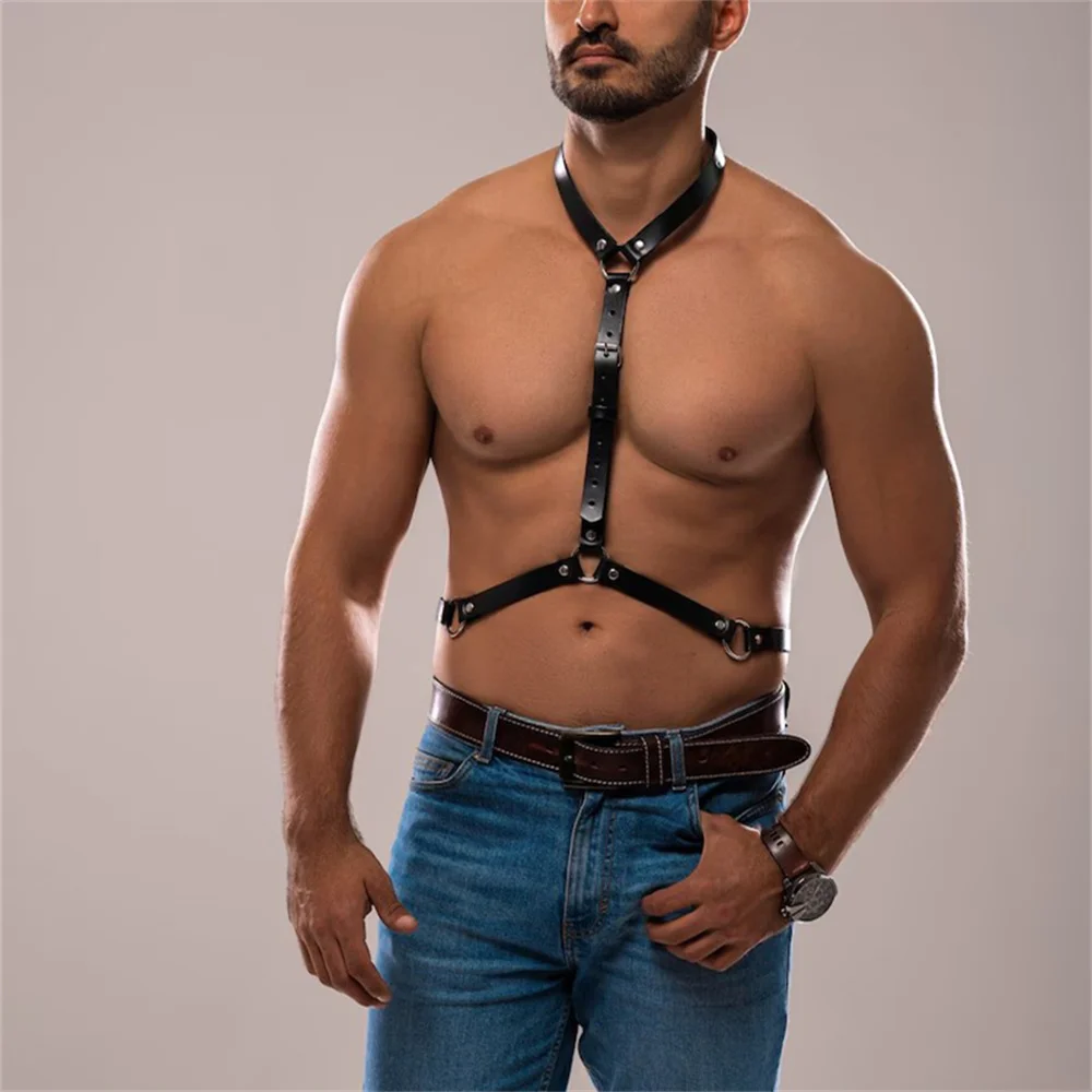 Male Lingerie Leather Harness Men Adjustable Fetish Gay Clothing Sexual Body Chest Harness Belt Strap Punk Rave Costumes for Sex