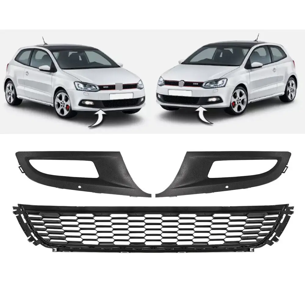 FOR VW POLO 6R GTI 09-14 FRONT BUMPER FOGLIGHT GRILLE PAIR WITH LOWER GRILLE