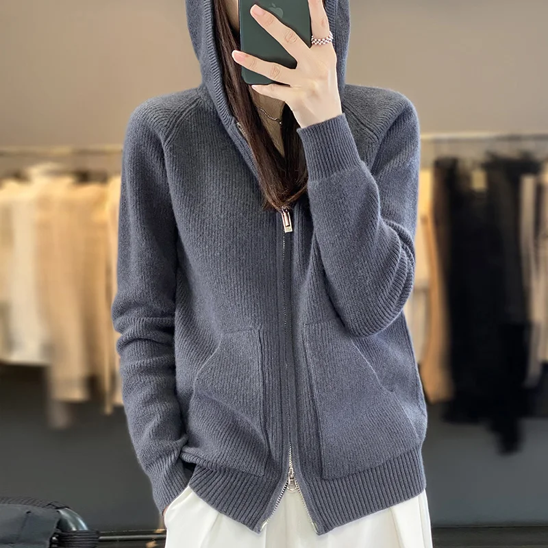 Autumn and winter 100% pure wool hooded loose cardigan sweater solid color long sleeve casual new knitted cashmere sweater