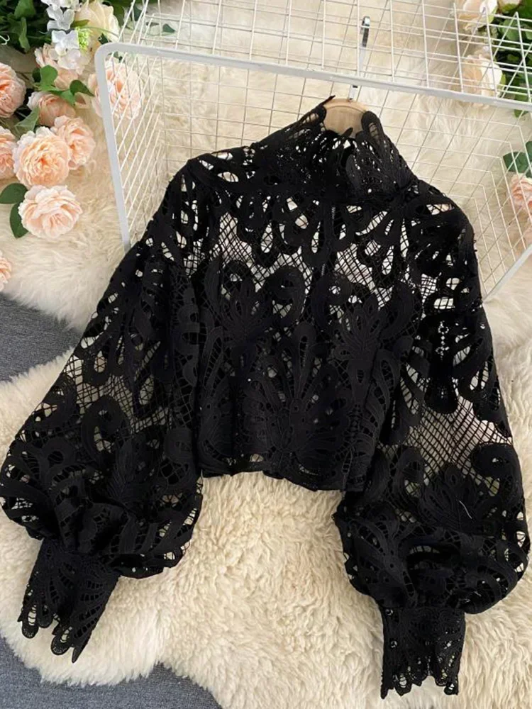 Spring Summer New Fashion Blouse Female Hollow Lantern Sleeve Temperament Blusa Stand-up Collar Slim Short Lace Shirt C342