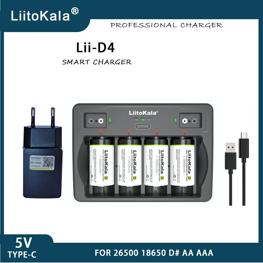 LiitoKala Lii-D4 9V 26650 18650 21700 18500 26700 16340 22650 AA AAA C SC D 3.7V 1.2V Lithium NiMH Smart Battery Charger