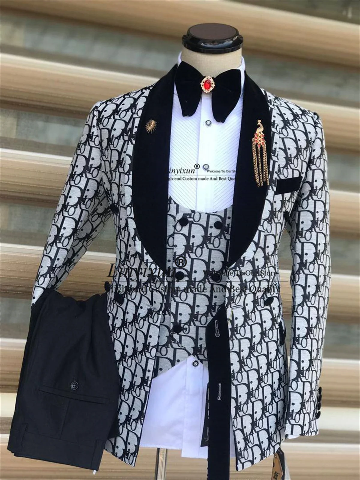 Fashion Letter Men Suits Shawl Lapel Groom Wedding Tuxedos 3 Pieces Sets Male Prom Blazers Customized Slim Fit Costume Homme