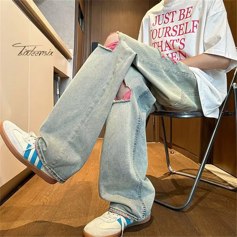 

American Sle Men's Casual Jeans Spring Autumn New Loose Straight Leg Long Pants High Street Wide Leg Pants Hole Punching