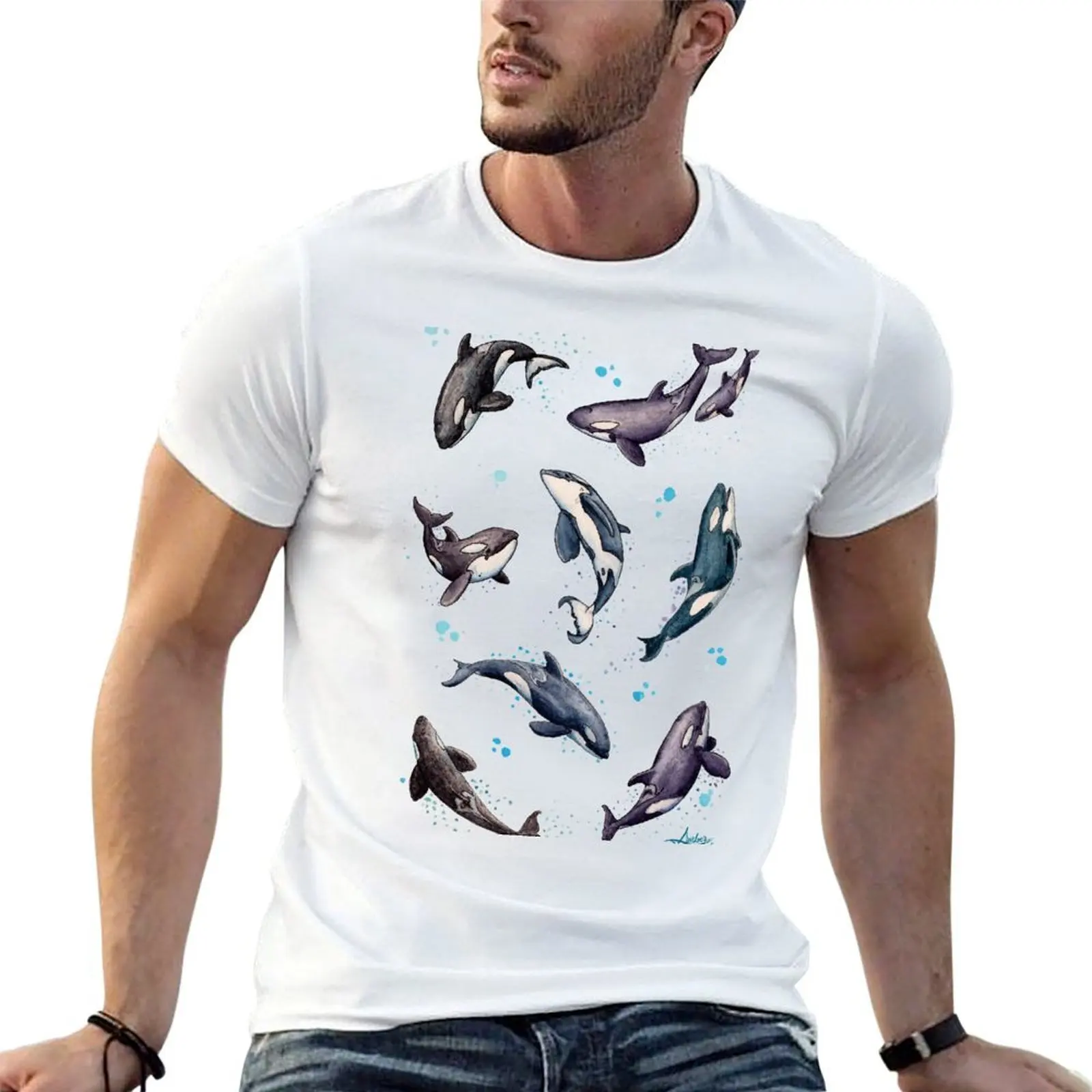 Orca Pod in Watercolor by Amber Marine, Killer Whale Art, ? 2019 T-Shirt gifts for boyfriend plus size tops mens clothing