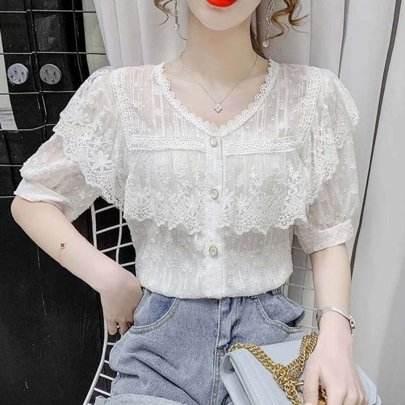 

Boho Elegant Lace Blouse with Ruffled Sleeves Crochet Details Chic Versatile Top for Women New Summer Fashion 2026