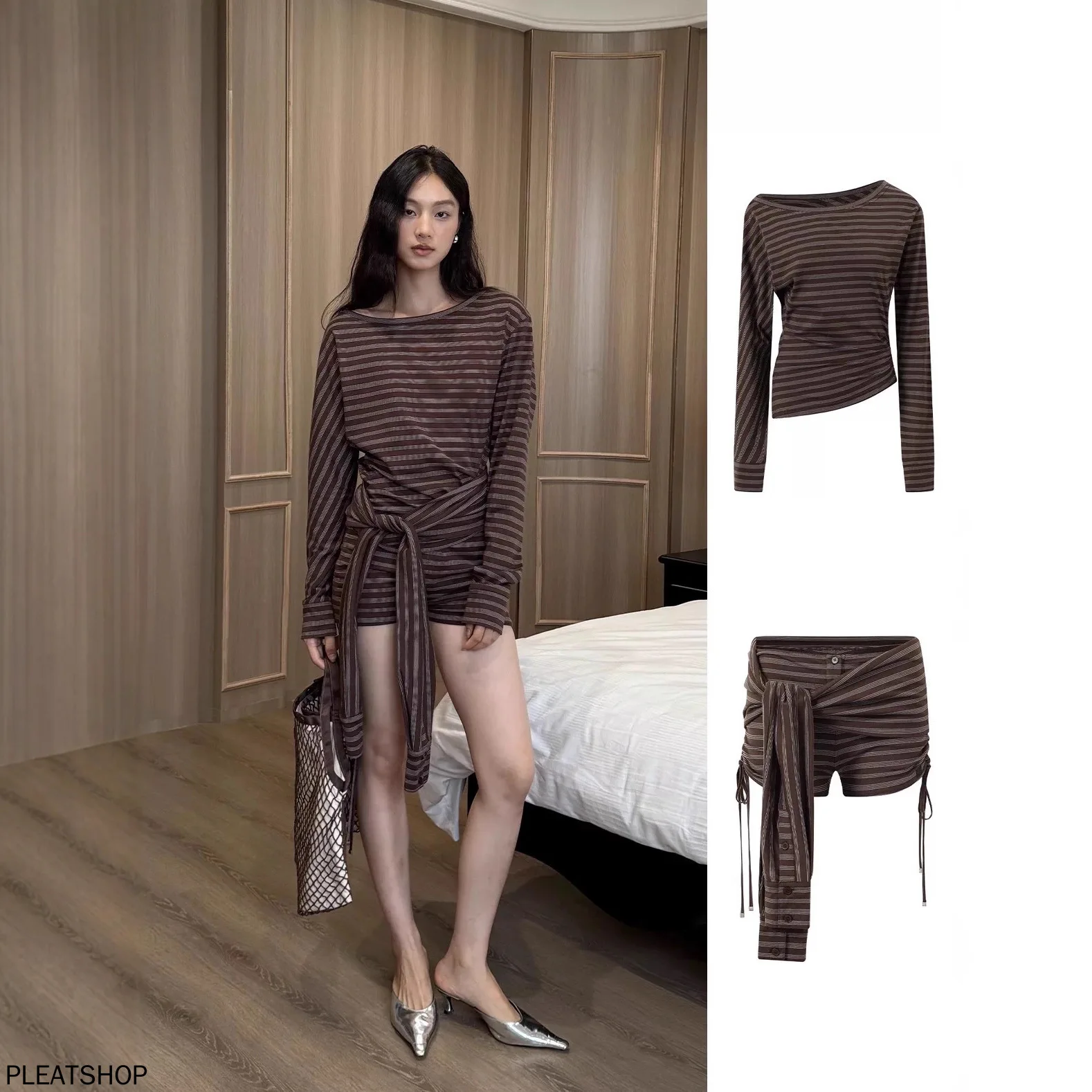 

Striped Printed Set Off-the-shoulder Pleated Long-sleeved T-shirt Wrap-around Tie-up Shorts Two-piece Set