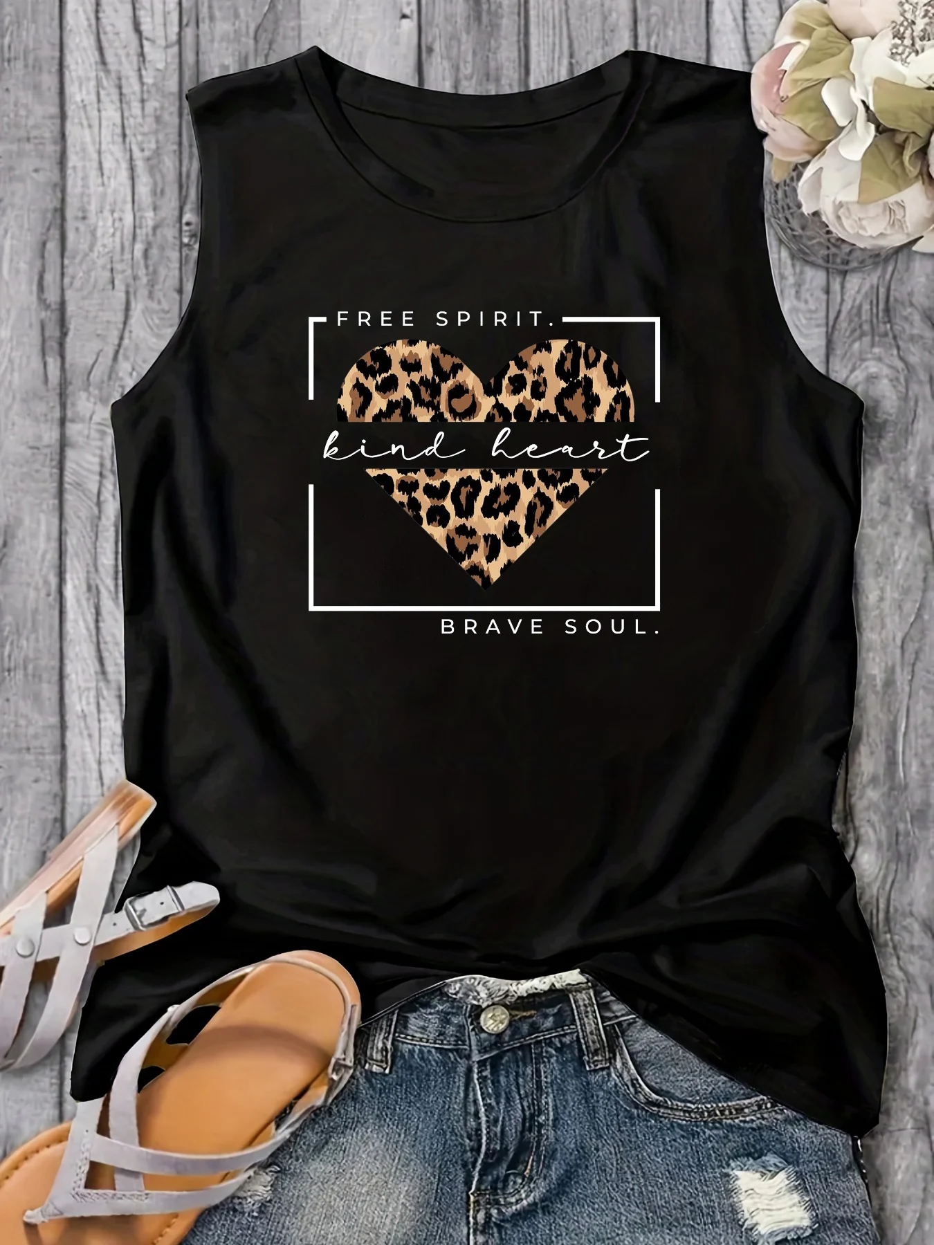 Women's Summer Casual Loose Size Leopard Print Heart Shaped Printed Round Neck Sleeveless Tank Top T-shirt