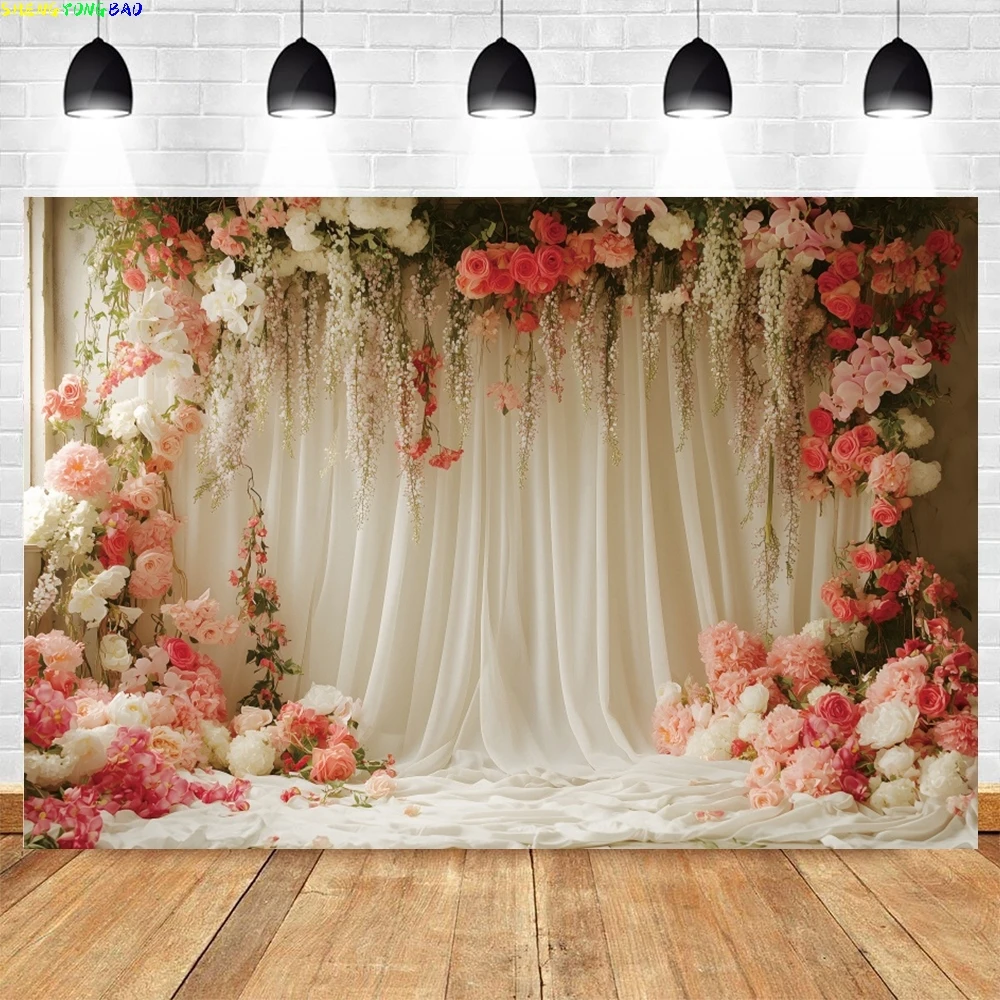 

Bridal Shower Wedding Photography Backdrop Pink Flowers Palace Curtain Princess Birthday Baby Shower Party Photo Background Prop