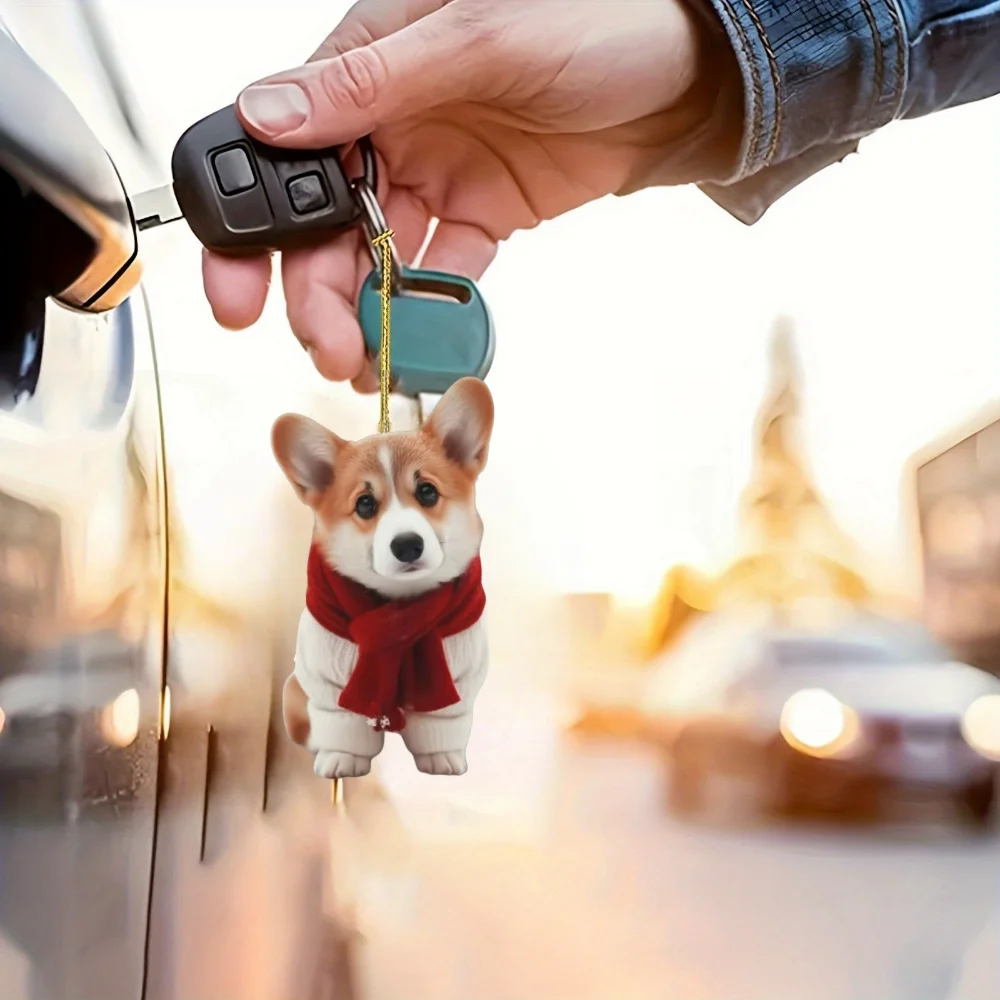 Cute Corgi with red scarf 2D Acrylic Pendant Christmas Puppy Keychain Versatile Charm,Decor for Car,Backpack,Home,Festive,Gift