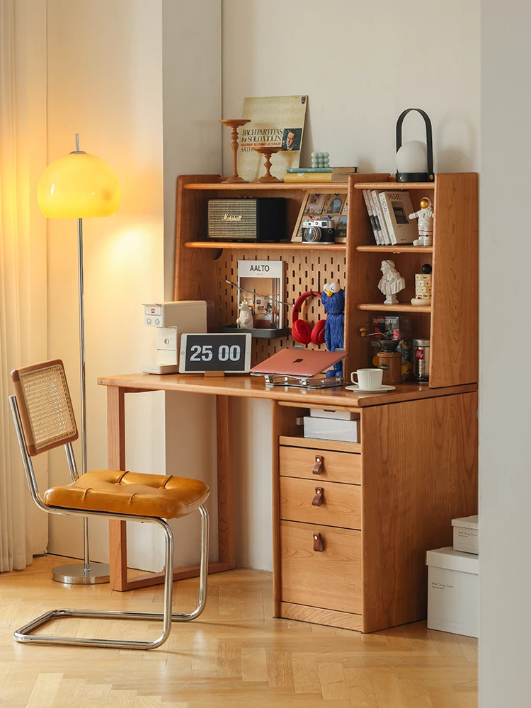 Solid wood desk, writing desk, bookshelf, integrated learning desk, cherry wood bookshelf, small unit office desk