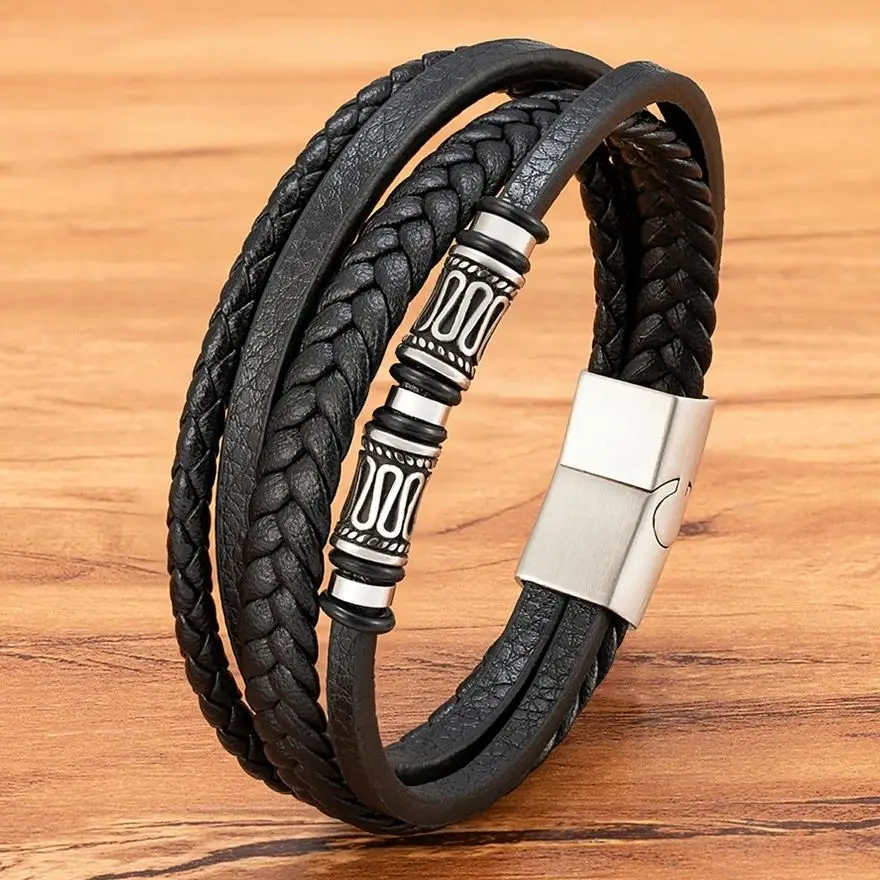 XQNI Leather Bracelet Men Jewelry Stainless Steel Magnet Buckle Multi-layer Braided Rope Beading Bracelet Fashion Charm Jewelry