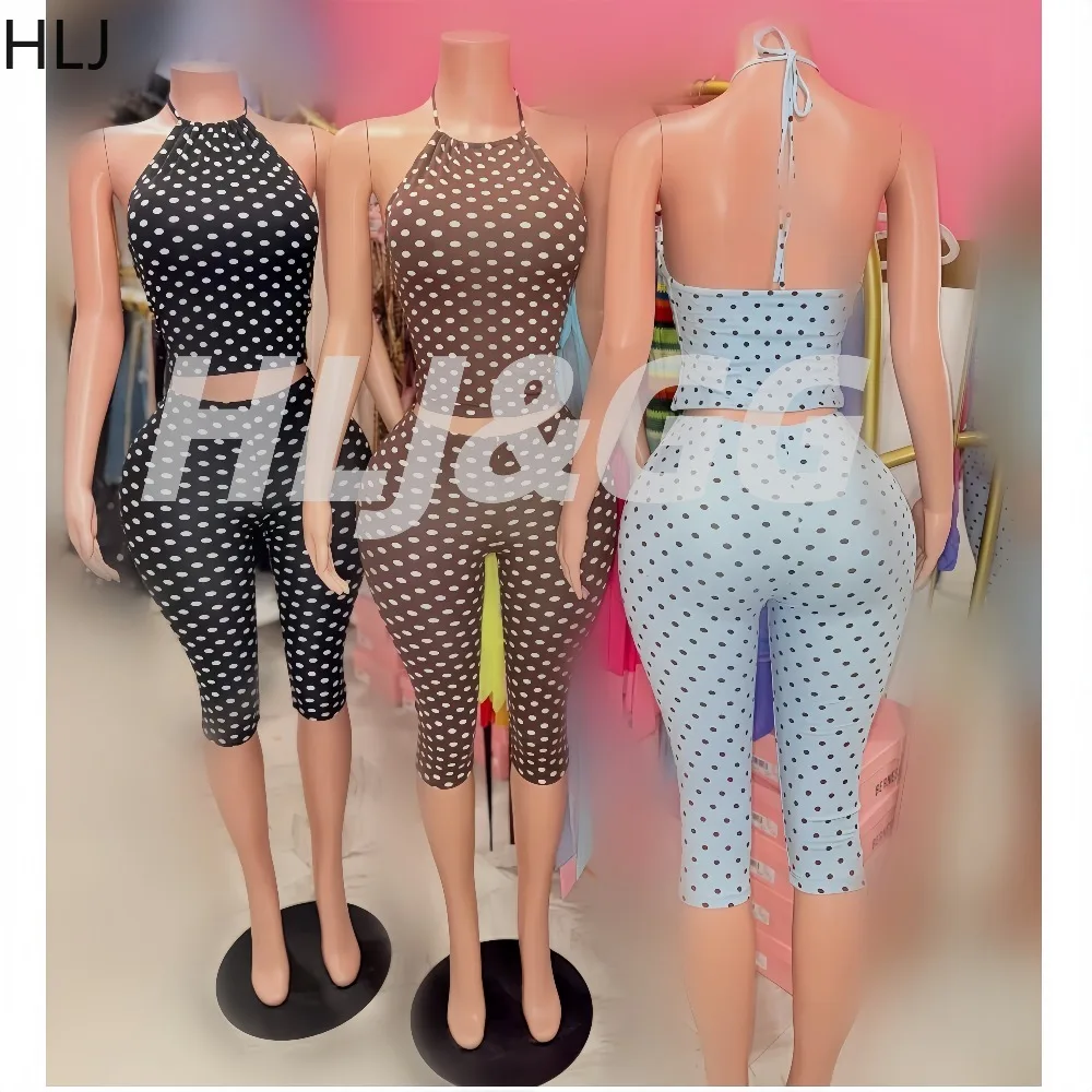 

HLJ Y2K Women 2 Piece Polka Dot Outfit Halter Neck Sleeveless Crop Top + High Waist Capri Leggings Matching Sexy Streetwear New