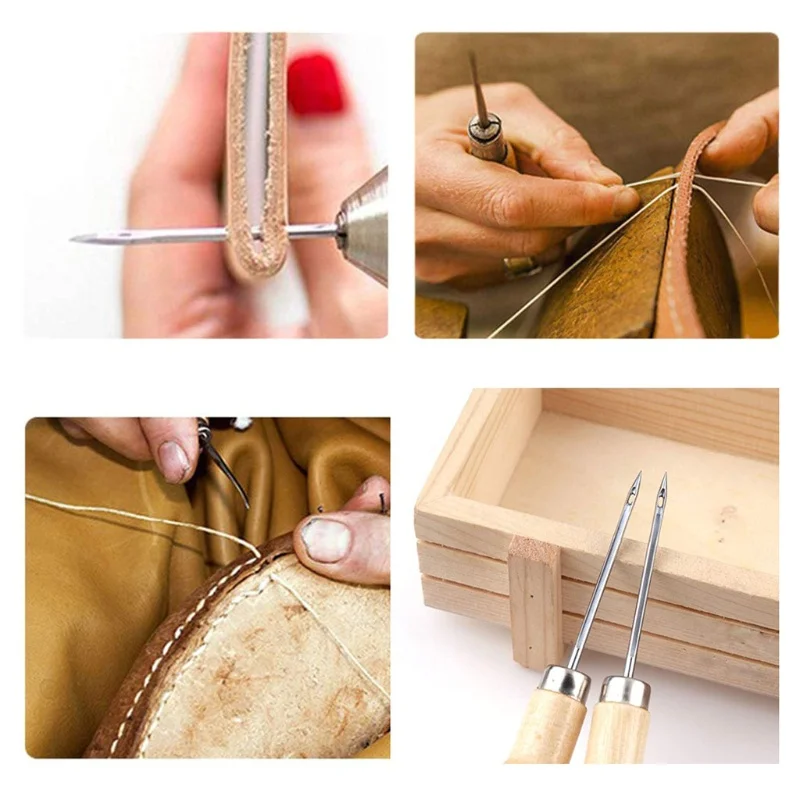 3 unids/set mango de madera punzón de costura cosido a mano herramienta de perforación de cuero DIY gancho de reparación de zapatos accesorios de