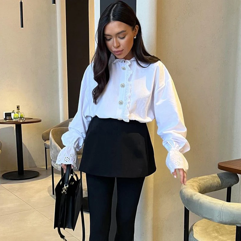 Ticketsx Fashion Ruffled Shirt Women's Stand Collar Flared Sleeves Diamond-In Buttons Top 2025 Female Casual Classic Loose Shirt