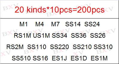 20Value*10PCS=200PCS SMD Diode Assorted Kit Contains SS110 SS220 SS210 SS310 SS510 SS16 SS26 SS34 SS36 ES1J ES1D M7 M4 US1M