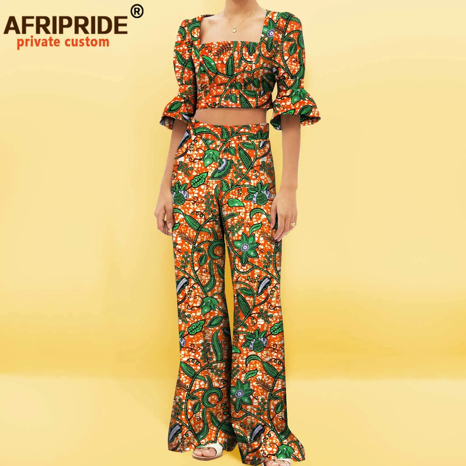 

African Clothes for Women Crop Top and Long Pants 2 Piece Set Print Outfits Vintage Traditional Elegant Ankara Attire A2226002
