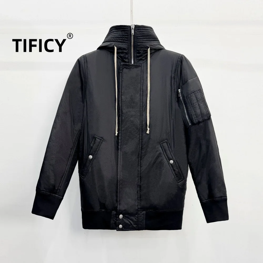 High Street RO Dark Winter Jackets Men's Versatile Pocket Zipper Stand Up Collar Long Sleeved Drawstring Design Hooded Jacket