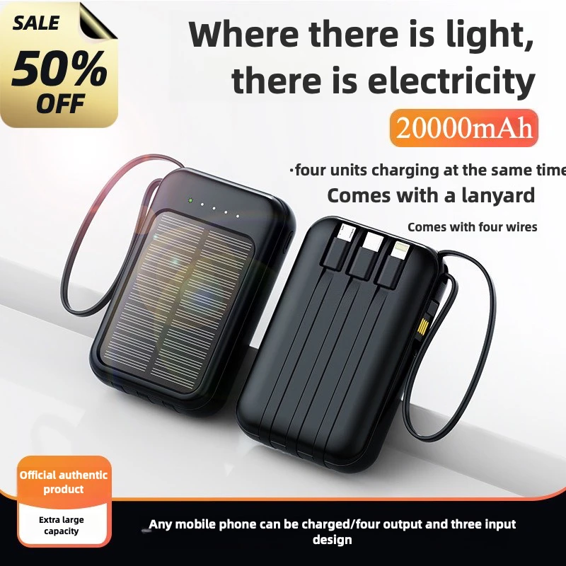 

NEW 20000mAh Solar Power Bank Large Capacity. Mini Powerbank Built-in 4 Cables, External Battery for Xiaomi Smartphones.